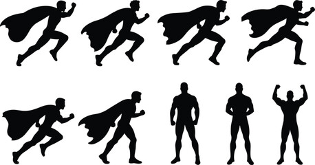 Set of male superhero silhouettes in dynamic and static poses, cape flowing, action and standing stances, comic style heroic character illustration © Creative Asif