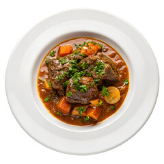 Hearty Beef Stew with Carrots and Parsley in White Bowl meat