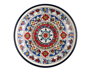 Obraz premium Colorful Ceramic Plate Souvenir with Ornamental Patterns, Top View, Isolated PNG
