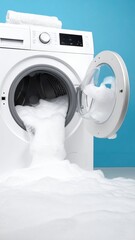 Bubbles Overflow from Open Washing Machine Door on Blue Background