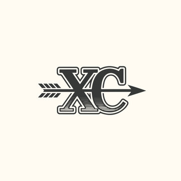 Vector art of cross country running symbol with an arrow passing through the letters xc, representing the sport and movement
