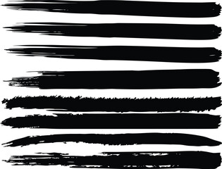 Vector illustration set of black ink grunge paint strokes and splashes with a dirty vintage texture on a rough paper background