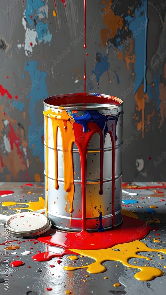 Aufkleber dripping paint can with colorful splashes on a textured background