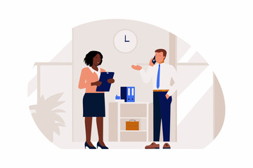 Diverse business colleagues collaborating in an office environment with a clock and desk accessories