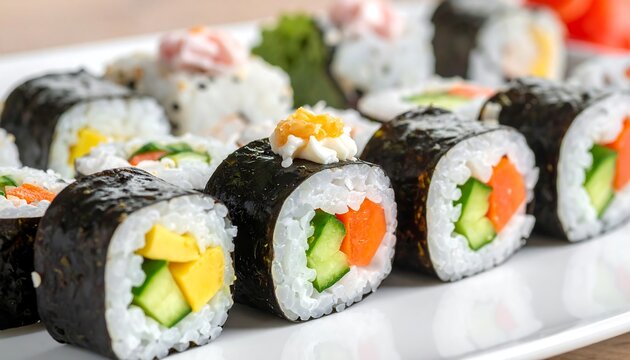 Assorted sushi rolls on a white plate