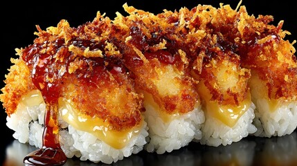 Crispy Sushi Roll with Sweet Sauce Drizzled on Black Background