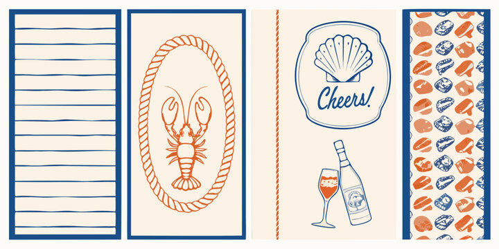 Nautical and seafood themed illustrations with lobster shell and cheers message