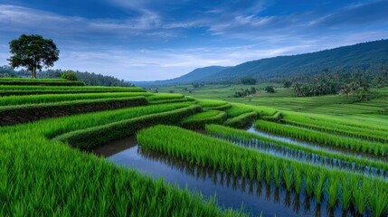 Fototapeta premium Lush green rice terraces cascade under a vibrant blue sky showcasing the serene beauty of agriculture and nature in perfect harmony