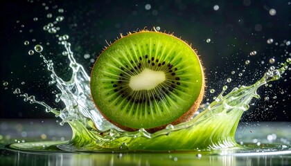 A vibrant kiwi slice, captured in mid-air splash, showcasing its fresh green hues and juicy texture.