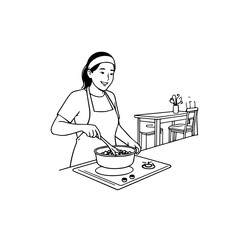 Black and White Vector Illustration of a Smiling Woman Cooking in Kitchen with Apron and Headband

