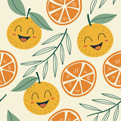 Seamless pattern of cheerful oranges with smiling faces and green foliage design