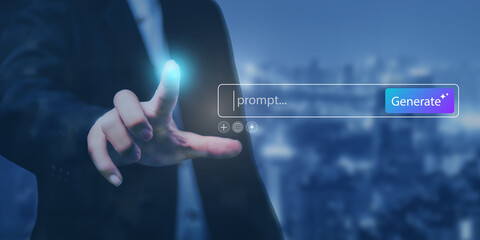 Prompt AI generation concept. Woman touch to enter AI prompt and generate digital content, and productivity tools for content creation and marketing