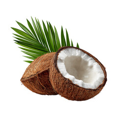 Fresh cracked coconut with white flesh and a whole nut, accompanied by a green palm leaf png