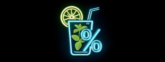 Refreshing summer drink with lime and mint, glowing percent symbol. Concept of promotion, freshness, beverage industry. banner 