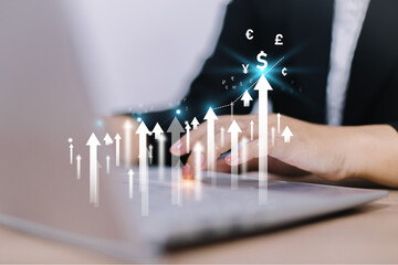 Stock market analytics and business growth, professional reviewing financial reports, investment performance, and rising stock charts, representing business strategy and wealth management.