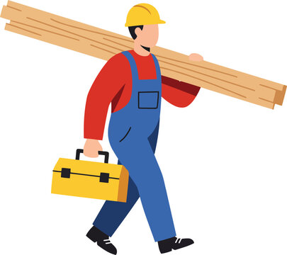 Construction worker carrying lumber and toolbox on vector