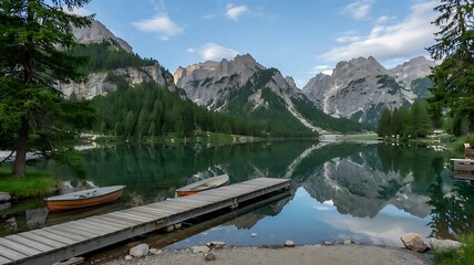 Mountain Lake with Emerald Green Water, Snow-Capped Peaks, Pine Trees, Wooden Pier, Rowboats, Sunny Day Landscape