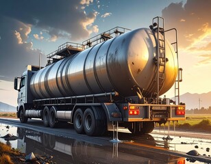 Naklejka premium Modern Tanker Truck on a Highway with Reflective Water Puddles
