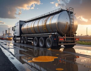 Industrial Tanker Truck on Road Reflecting Oil Spill in Sunset Light