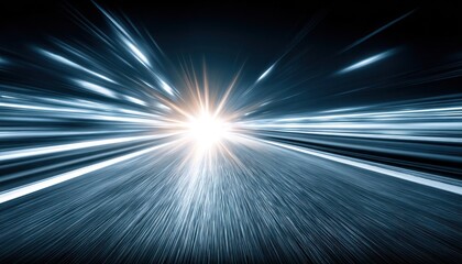 Speeding light trails rush towards a bright, centered point, blurring into streaks of blue and white against a dark, vast background