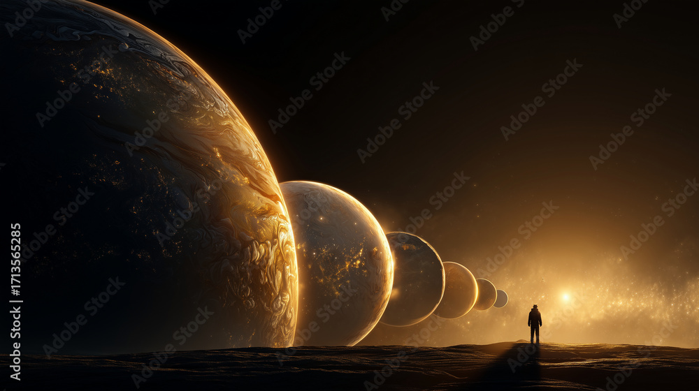 Poster Astronaut standing before a row of large planets