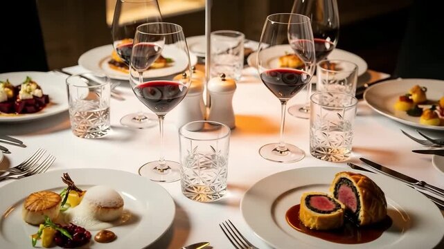 Elegant dining table setting with gourmet food and wine video ai generated