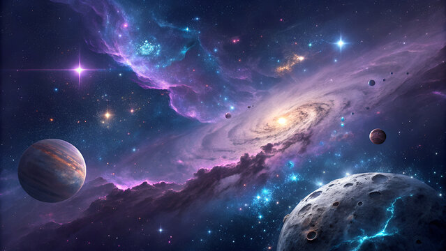 Colorful galaxy with bright swirling nebula, glowing stars, planets and cosmic deep space fantasy background for sci-fi exploration