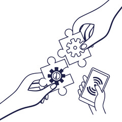 Hands assembling puzzle pieces with gear icons
