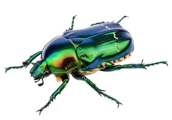 Fototapeta premium Close-up view of a vibrant emerald beetle, showcasing its iridescent metallic sheen against a black backdrop.