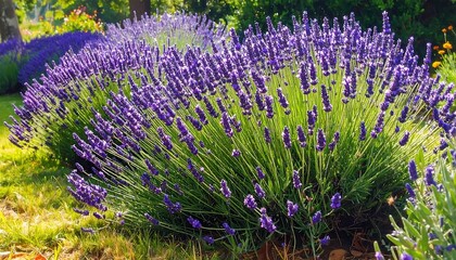 Fototapeta premium Lush, vibrant lavender bushes bloom in a sunny garden bed, showcasing a profusion of deep purple flowers against a backdrop of bright green foliage.