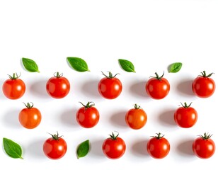 Fresh cherry tomatoes and basil leaves on a white background