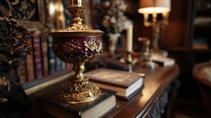 Ornate Golden Chalice on Books in Antique Library Setting