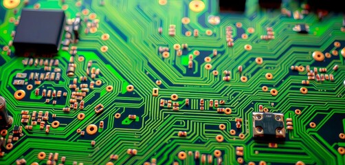 Fototapeta premium Close-up of intricate circuit board texture, vibrant green hues, system, engineering