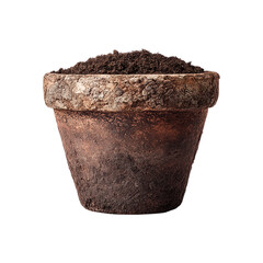 A rustic terracotta clay flower pot filled with rich, dark potting soil png