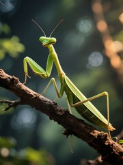 Green praying mantis perched on a tree branch in a natural setting