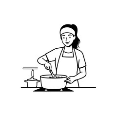 Black and White Vector Illustration of a Smiling Woman Cooking in Kitchen with Apron and Headband