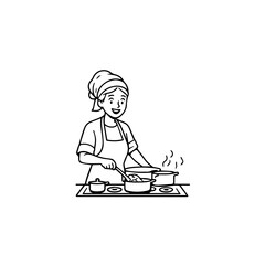 Black and White Vector Illustration of a Smiling Woman Cooking in Kitchen with Apron and Headband