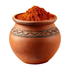 A rustic clay pot filled with red chili or paprika powder png