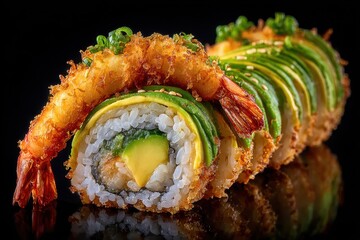 Delicious Shrimp and Avocado Sushi Roll on Black Background