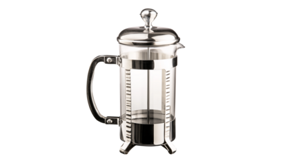 French press coffee maker glass and metal, (clean modern detail, transparent isolated background	