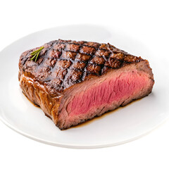 Medium-rare grilled beef steak with rosemary on white plate isolated meat food