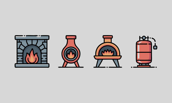 Collection of stylized icons representing heating and cooking appliances with flames.