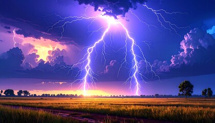 Dramatic lightning storm over a field at sunset