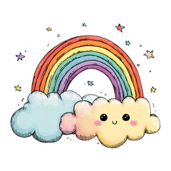 Cute cartoon rainbow with two smiling kawaii clouds png