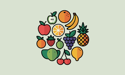 A vibrant collection of stylized fruits arranged in a circular pattern.