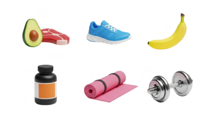Healthy lifestyle objects for fitness and nutrition isolated on transparent background