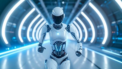 A futuristic robot confidently navigating a high-tech corridor, showcasing advanced technology and artificial intelligence. The robot is depicted with sleek design