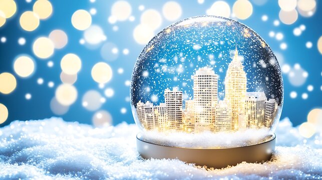 Enchanted snowy cityscape inside glowing glass snow globe captured with full frame DSLR using 50mm prime lens, sharp focus on glittering buildings under soft daylight, blurred frosty edges for