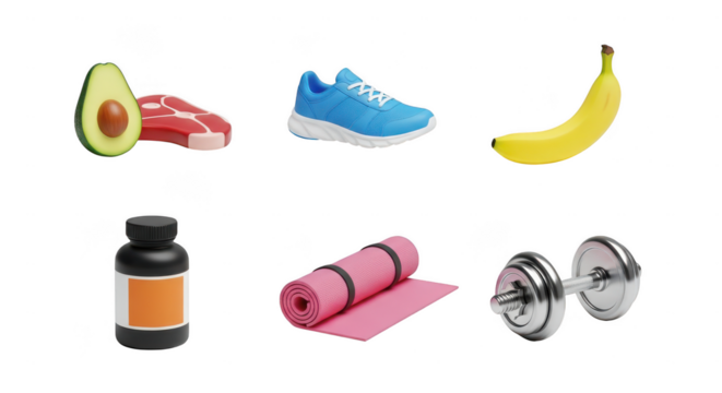Healthy lifestyle objects for fitness and nutrition isolated on transparent background
