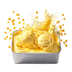 Top-down view of sweet corn ice cream in a metal tray png